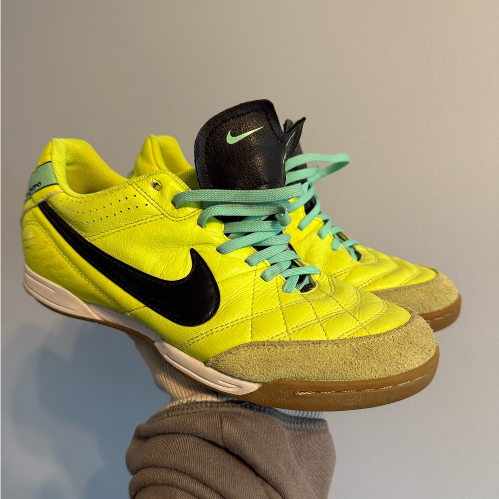 Nike Men Shoes Tiepmo Neon Green Sneaker Lace Up Leather Soccer shoes